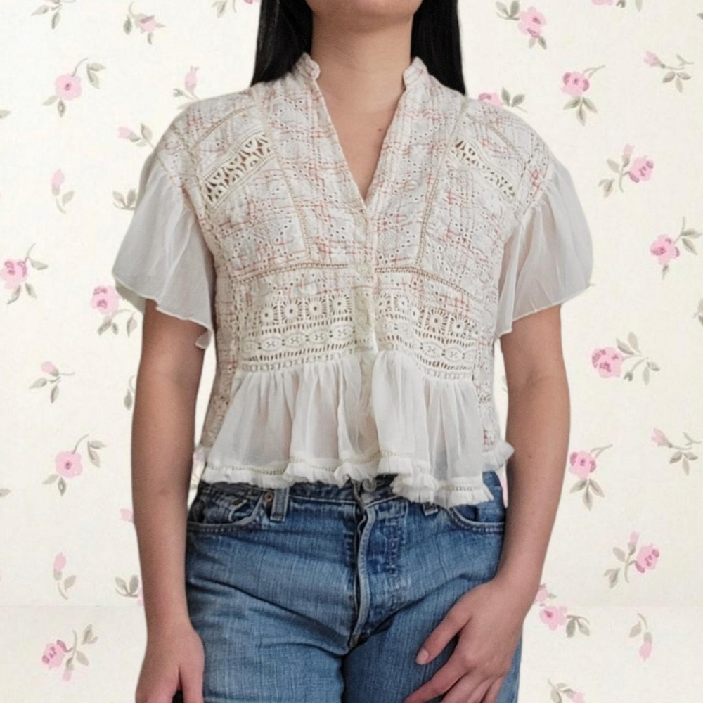 Anthropologie Eyelet Crochet Plaid Button Up Shirt Blouse